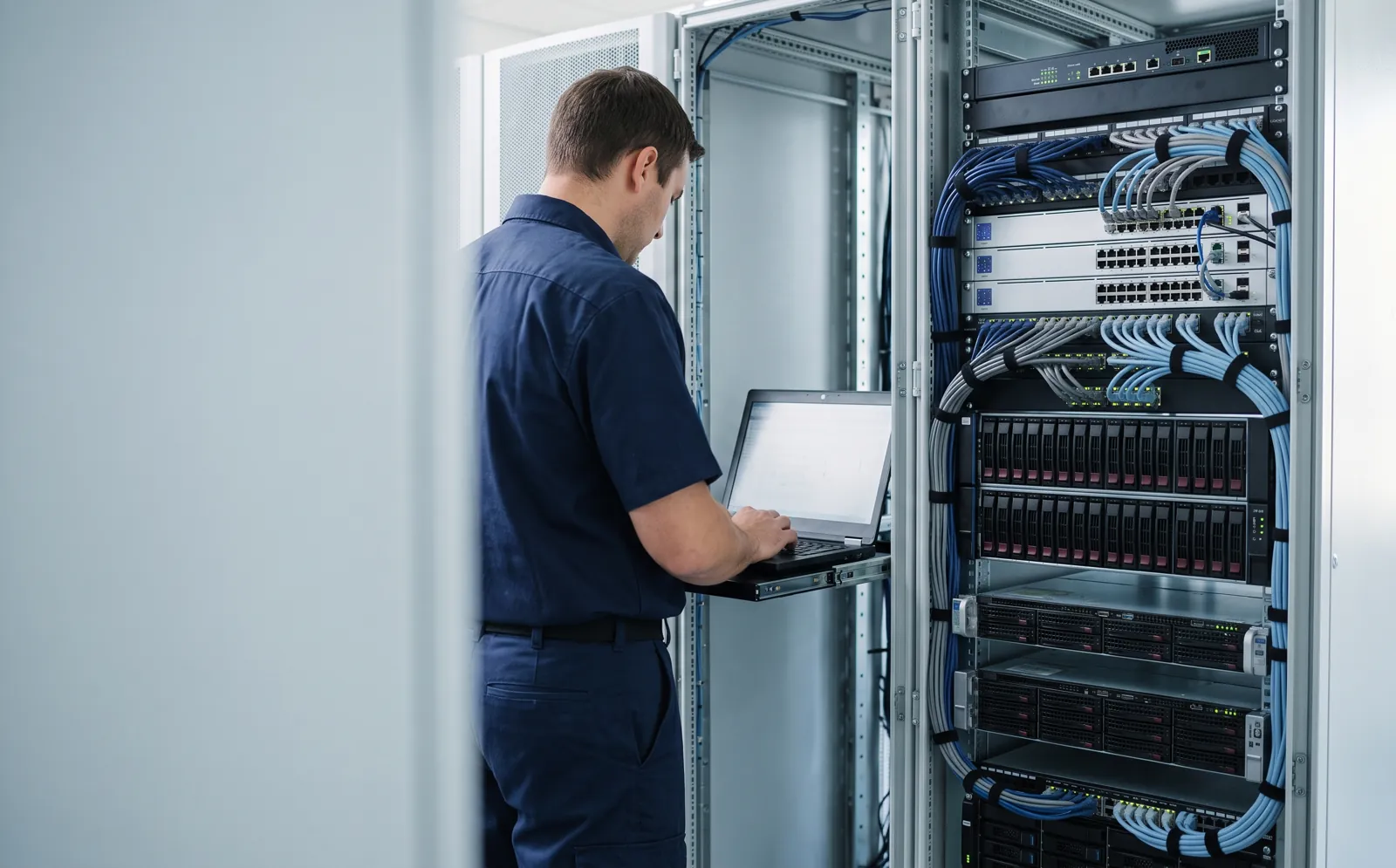 Ingeniero de SyncTech configurando servidores, almacenamiento y red en un rack